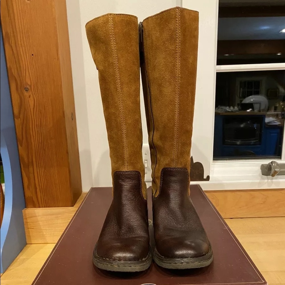 Born Crown “Beret” tall boots - tan suede with dark brown leather foot MSRP $355 - Picture 2 of 5